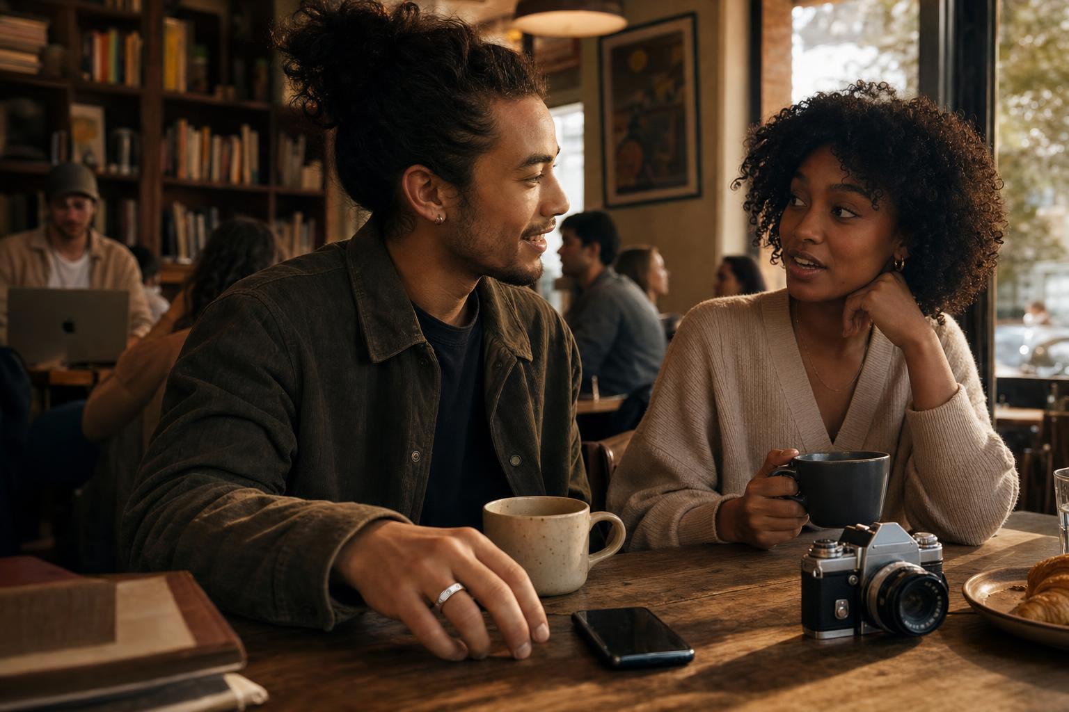 Two people beginning a real conversation after discovering a shared interest through Nodia