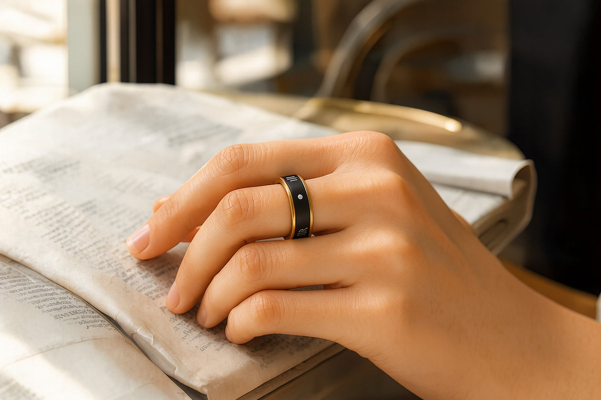 A woman's hand wearing a black fine-ceramic Nodia Ring as she reads a newspaper in warm window light.
