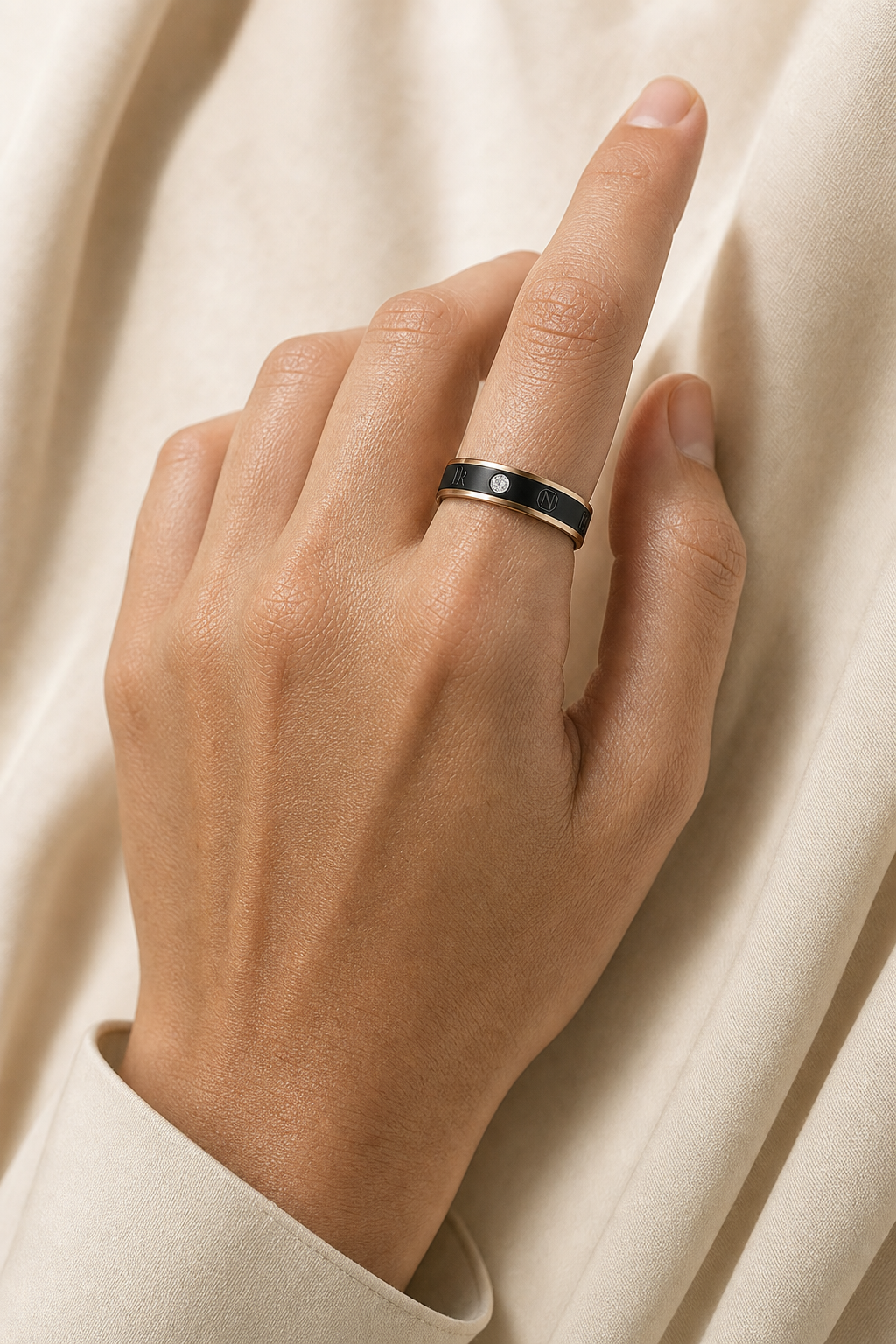 Nodia Ring Fine Ceramic Black — worn on hand, diamond close-up