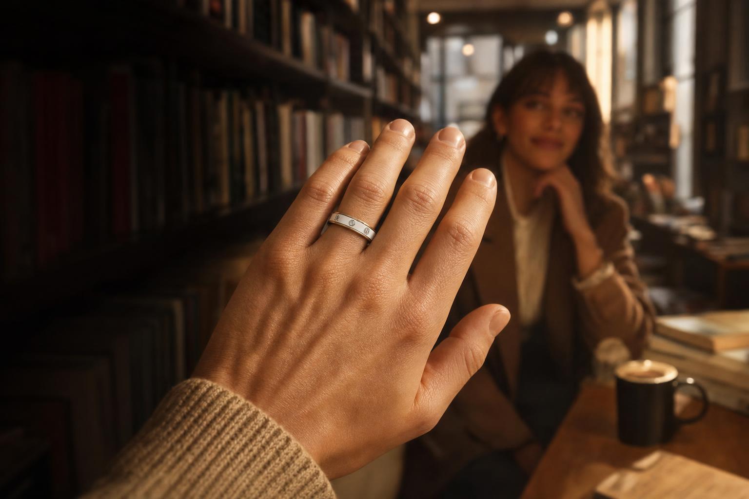 White ceramic Nodia Ring worn on a hand