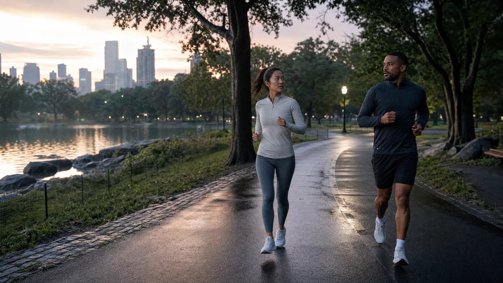 Two runners finding the same rhythm on an early morning park loop