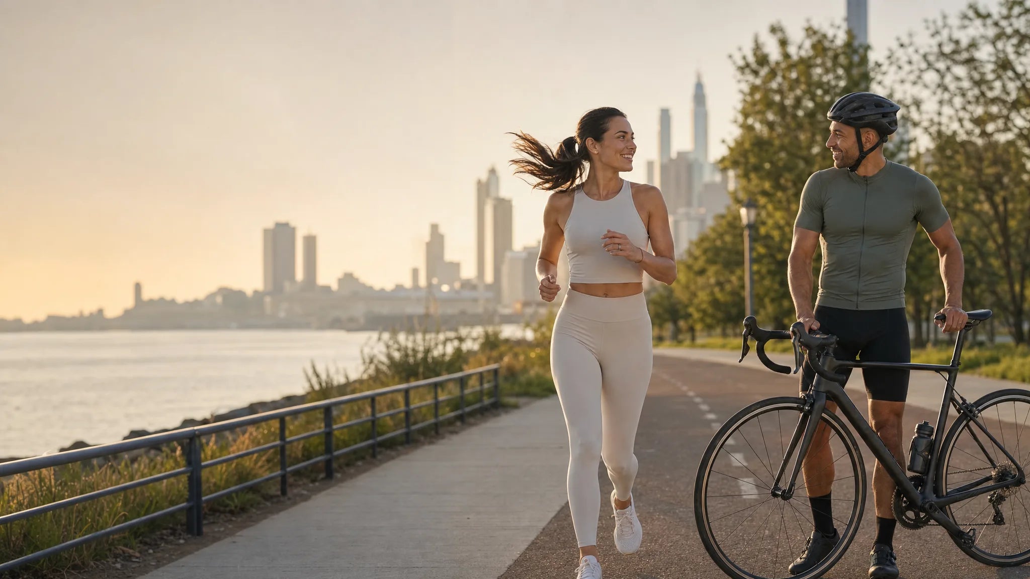 A runner and cyclist meeting on a waterfront path at sunrise