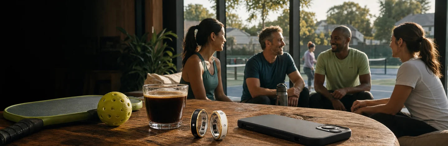 AI-generated concept scene: people talking beside pickleball courts, with black and white ring concepts on a table